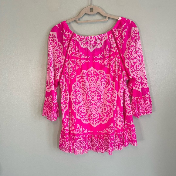 INC Blouse XL SWEET MEADOW Henna Emblem Ruffled Pullover 3/4 Sleeves Top Pink// - Picture 2 of 6